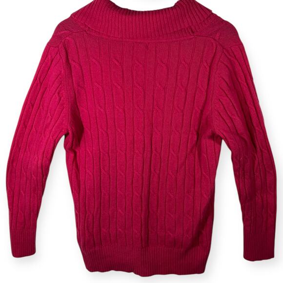 LL Bean Lambswool Cable Knit Sweater Pink Shawl Collar V Neck Ribbed Trim XL - Picture 4 of 9
